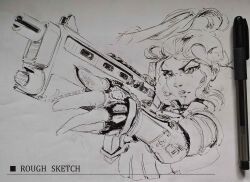  1girl absurdres bulletproof_vest commentary cropped_torso dawn_collins edward_jordan english_commentary english_text eyelashes fingerless_gloves gloves gun highres holding holding_gun holding_weapon lips long_hair looking_to_the_side nose paper_background parted_lips pen pen_(medium) personal_digital_assistant photo_(medium) ponytail selaco shinkawa_youji_(style) sketch solo submachine_gun traditional_media weapon 