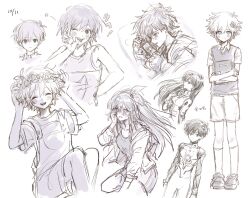  2girls 5boys antenna_hair aubrey_(faraway)_(omori) aubrey_(omori) basil_(faraway)_(omori) basil_(headspace)_(omori) basil_(omori) blush bright_pupils brother_and_sister brothers closed_eyes collared_shirt commentary_request dated double-parted_bangs dual_persona flower flower_wreath greyscale hair_between_eyes hair_flower hair_ornament hairband head_wreath hero_(faraway)_(omori) hero_(omori) highres kel_(faraway)_(omori) kel_(omori) long_hair mari_(faraway)_(omori) mari_(omori) mecha_pilot_suit monochrome multiple_boys multiple_girls neon_genesis_evangelion omori one_eye_closed open_mouth overall_shorts overalls plugsuit_(evangelion) salt_xs2 shirt shoes short_hair short_sleeves shorts siblings sidelocks simple_background sketch socks sunny_(omori) sweater_vest teeth tongue tongue_out translation_request upper_teeth_only 