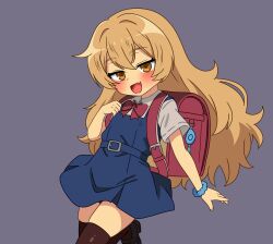  1girl absurdres backpack bag black_thighhighs blonde_hair blue_scrunchie blue_shirt blue_skirt blush commentary crime_prevention_buzzer english_commentary fang grey_background hanakaji_(yuuchanto) highres long_hair looking_at_viewer open_mouth original randoseru red_bag scrunchie shirt skin_fang skirt solo thigh-highs very_long_hair yellow_eyes zettai_ryouiki 