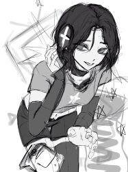  1girl bent breasts choker commentary controller cowboy_shot crew_neck detached_sleeves english_commentary eyelashes fingernails game_controller greyscale grin hair_between_eyes hand_up headphones highres long_sleeves looking_at_viewer lui_n24 midriff monochrome original parted_lips print_shirt reaching reaching_towards_viewer shirt short_hair short_shorts short_sleeves shorts sketch small_breasts smile solo star_(symbol) star_print t-shirt thigh-highs thigh_gap unfinished white_background 