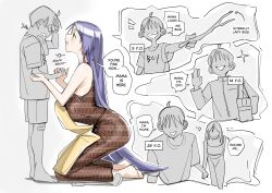  1boy 1girl absurdres age_progression apron batik breasts brown_dress child comforting commentary crying dress english_commentary fate/grand_order fate_(series) highres kneeling large_breasts long_hair looking_at_another low-tied_long_hair mature_female minamoto_no_raikou_(fate) motherly ohkohaku parent_and_child parted_bangs purple_hair sleeveless sleeveless_dress tears very_long_hair violet_eyes wiping_tears yellow_apron 