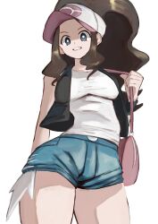  1girl baseball_cap blue_eyes brown_hair denim denim_shorts hat high_ponytail highres hilda_(pokemon) looking_at_viewer open_clothes open_vest poke_ball_print pokemon pokemon_black_and_white ponytail shirt shorts smile solo tikuwabu_33 vest white_shirt wristband 