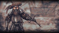 artist-provided_artwork beard cuirass facial_hair gauntlets glowing glowing_eyes grin hat_feather highres landsknecht landsknecht_hat original outdoors over_shoulder puff_and_slash_sleeves puffy_sleeves renaissance_clothes russian_commentary russian_text sheath sheathed shveik_88 smile soldier sword sword_over_shoulder tassets translation_request tusks two-handed_sword vambraces weapon weapon_over_shoulder zweihander 