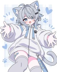  1girl :d animal_ear_fluff animal_ears bandaid bandaid_on_leg bandaid_on_thigh beckoning blue_shorts cat_ears cat_girl cat_tail commentary earrings fang fish_skeleton_hair_ornament grey_eyes grey_hair grey_thighhighs hair_ornament heart highres hood hood_down hoodie hugging_viewer jewelry long_sleeves medium_sidelocks open_hands open_mouth outstretched_arms outstretched_hand oversized_clothes paw_print puffy_long_sleeves puffy_sleeves reaching reaching_towards_viewer salt_(komado_booth) short_hair short_shorts shorts simple_background single_earring skin_fang smile tail thigh-highs untranslatable_commentary vrchat white_hoodie yuu-kun_(inugamikenoy) 