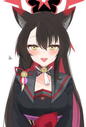  1girl animal_ear_fluff animal_ears black_hair black_kimono blue_archive blush colored_inner_hair commentary_request fox_ears fox_girl grey_sailor_collar halo highres japanese_clothes kimono long_hair multicolored_hair open_mouth purple_sash rakio_deeeesu red_hair red_halo sailor_collar sash solo tongue tongue_out two-tone_hair very_long_hair wakamo_(blue_archive) yellow_eyes 