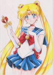  1girl absurdres bishoujo_senshi_sailor_moon blue_eyes blue_sailor_collar blue_skirt blush bow bowtie chikoto_(kztc4472) choker commentary_request crescent crescent_choker crescent_earrings double_bun earrings hair_bun heart_wand highres holding holding_wand jewelry long_hair looking_at_viewer magical_girl pleated_skirt red_bow red_bowtie red_choker sailor_collar sailor_moon sailor_senshi_uniform skirt solo traditional_media transformation_brooch_(sailor_moon) tsukino_usagi very_long_hair wand 