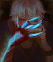  1boy black_shirt blood blood_on_face blue_eyes bracelet colored_extremities commentary devil_may_cry_(series) devil_may_cry_4 grey_shirt highres jewelry liniccaro looking_at_viewer male_focus nero_(devil_may_cry) one_eye_covered own_hands_together parted_bangs sanpaku shirt short_hair signature solo upper_body v-neck 