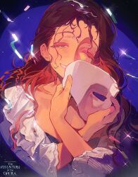 1girl anniversary blue_background brown_hair chinese_commentary christine_daae clenched_teeth closed_eyes commentary_request confetti curly_hair dress english_text eyes_closed frilled_dress frills happy highres holding holding_mask huanxiong_dazai long_hair mask open_mouth phantom_of_the_opera smile solo_focus teeth white_dress