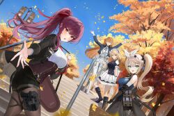  4girls bare_shoulders black_gloves black_pantyhose blonde_hair blush breasts brown_hair centaureissi_(girls'_frontline_2) commentary_request g36_(girls'_frontline) girls'_frontline_2:_exilium girls_frontline gloves green_eyes green_hair hair_between_eyes hair_ribbon hairband highres holding jacket large_breasts long_hair looking_at_viewer maid maid_headdress makiatto_(girls'_frontline_2) multicolored_hair multiple_girls necktie open_mouth pantyhose ponytail purple_hair red_eyes red_necktie red_ribbon ribbon sharkry_(girls'_frontline_2) shirt side_ponytail smile springfield_(girls'_frontline) star-shaped_pupils star_(symbol) streaked_hair symbol-shaped_pupils user_rzyx2874 wa2000_(girls'_frontline) white_gloves white_hairband white_shirt 