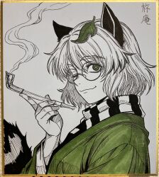  1girl absurdres animal_ears checkered_clothes checkered_scarf closed_mouth commentary_request futatsuiwa_mamizou futatsuiwa_mamizou_(human) glasses green_eyes green_haori hair_ornament haori highres holding holding_smoking_pipe japanese_clothes kiseru leaf_hair_ornament looking_at_viewer one_eye_closed raccoon_ears raccoon_tail ryoan_(voyagehermitage) scarf shikishi short_hair smoke smoking_pipe solo tail touhou traditional_media upper_body 