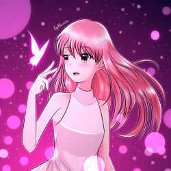 1girl 2000s_(style) anime_coloring artist_name bare_arms bare_shoulders brown_eyes bug butterfly commentary covered_collarbone cowboy_shot dress english_commentary eyelashes eyes_visible_through_hair faux_retro_artstyle hand_up happy light_particles long_hair looking_at_animal miracle_nikki nikki_(nikki) nikki_(series) nurinmlp open_mouth outline painttool_sai_(medium) pink_background pink_hair pink_outline pleated_dress sidelocks signature sleeveless sleeveless_dress smile solo tareme turtleneck turtleneck_dress very_long_hair watermark white_butterfly white_dress