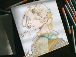  1girl absurdres blonde_hair commentary_request earrings gakuen_idolmaster hair_ornament hairclip half-closed_eyes highres idolmaster japanese_clothes jewelry kimono long_hair looking_at_viewer marker_(medium) open_mouth orange_eyes photo_(medium) ponytail saltyacurry shikishi shinosawa_hiro smile solo traditional_media upper_body 