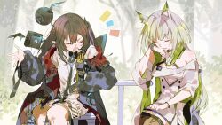  2girls animal_ears arknights bare_shoulders belt black_hair cat_ears cat_girl closed_eyes closure_(arknights) commentary_request dress forest grey_hair hatutaro head_rest jacket kal'tsit_(arknights) kal'tsit_esperanta_(arknights) knees_together_feet_apart long_sleeves multiple_girls nature open_clothes open_jacket open_mouth pointy_ears puffy_sleeves short_sleeves sitting tree two_side_up 