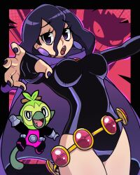  1girl 1other absurdres beast_boy_(dc) beast_boy_(dc)_(cosplay) billdadinosaur black_leotard breasts cosplay cowboy_shot dc_comics full_body gloves grey_gloves grookey hex_maniac_(pokemon) hex_maniac_(pokemon_legends:_z-a) highres leotard long_hair looking_at_viewer open_clothes open_mouth pokemon pokemon_(creature) pokemon_legends:_z-a pokemon_sword_and_shield purple_nails raven_(dc) raven_(dc)_(cosplay) teen_titans 