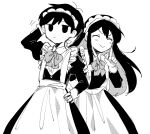  1boy 1girl arm_behind_head bangs black_eyes black_hair closed_eyes expressionless greyscale hand_on_hip hand_up long_hair maid maid_headdress mari_(omori) monochrome omori omori_(omori) otoko_no_ko pointing short_hair simple_background smile standing sunny_(omori) white_background xox_xxxxxx 