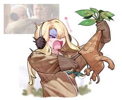  1girl biting blush brown_gloves brown_robe commentary creature earmuffs genderswap genderswap_(mtf) gloves green_necktie grey_eyes hand_up harry_potter_(series) highres holding holding_creature impending_doom index_finger_raised lianbiglian long_hair long_sleeves malfoid mandrake_(harry_potter) necktie open_mouth photo-referenced reference_inset robe solo tom_felton untranslatable_commentary wizarding_world 