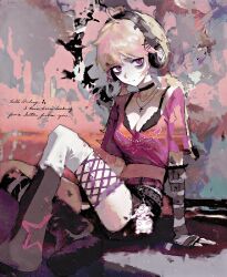  1girl abstract_background bags_under_eyes belt black_choker blonde_hair bra choker crop_top cross cross_necklace detached_sleeves earrings fishnets headphones heart_hair_strand highres hitboxsamurai jewelry looking_at_viewer midriff necklace original pink_eyes pink_shirt pixelated shirt sitting solo star_(symbol) star_earrings stuffed_toy twintails underwear 