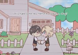  2boys antenna_hair bad_id bad_twitter_id basil_(faraway)_(omori) basil_(omori) black_hair black_shoes black_sweater_vest blonde_hair blue_eyes blue_sky blush brown_shorts chibi chibi_only closed_mouth commentary day door english_commentary english_text fence green_sweater_vest highres holding_hands house looking_at_another male_focus multiple_boys official_style omocat_(style) omori open_mouth outdoors parody picket_fence pinwheel scene_reference shirt shoes short_hair short_sleeves shorts sidelocks sky socks sunny_(omori) sweater_vest tree twitter_username white_shirt white_socks wooden_fence yuilu_(yuiluqqq) 