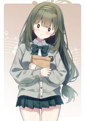 0_0 1girl :> absurdres bag blue_archive bow bowtie brown_halo cardigan collared_shirt commentary_request diagonal-striped_bow green_bow green_hair green_skirt grey_cardigan hair_intakes halo head_tilt highres holding holding_bag kominato_haru long_hair low-tied_long_hair paper_bag plaid_clothes plaid_skirt pleated_skirt shirt sidelocks skirt solo striped_bow tsumugi_(blue_archive) white_shirt wildhunt_art_academy_logo 
