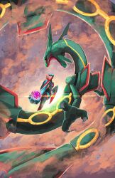  absurdres black_sclera claws clouds colored_sclera commentary deoxys deoxys_(speed) dragon eastern_dragon energy_ball english_commentary fangs fighting highres merchandise_available open_mouth photoshop_(medium) pokemon pokemon_(creature) pokemon_focus procreate_(medium) rayquaza sky tuttlesart yellow_eyes 
