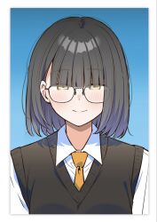  1girl akagi_natsuichi before_and_after bimbofication black_hair blue_background blush commentary_request eyelashes glasses gradient_background happy highres looking_at_viewer necktie original shirt short_hair smile solo upper_body white_shirt yellow_eyes yellow_necktie 