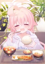  1girl =_= absurdres alternate_costume blue_archive bowl chopsticks closed_eyes commentary_request drawstring fang fish_(food) food halo highres holding holding_bowl holding_chopsticks hood hood_down hoodie hoshino_(blue_archive) indoors long_hair long_sleeves miso_soup nifuji omelet open_mouth pink_hair pink_halo plant potted_plant rice rice_bowl skin_fang smile solo soup sparkle tofu upper_body white_hoodie 