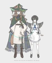  1boy 1girl animal_ear_fluff animal_ears belt belt_bag black_gloves black_hair black_shoes black_wings blue_belt blue_neckerchief boots breasts brown_boots brown_hair cape character_name collar collarbone commentary degrees_of_lewdity dot_nose dress english_commentary expressionless feathered_wings fingerless_gloves fish_skeleton_hair_ornament flower fox_boy fox_ears fox_tail freckles full_body gloves green_cape green_collar green_eyes green_hat grey_background gwylan_(degrees_of_lewdity) gwylan_(male)_(degrees_of_lewdity) hair_between_eyes hair_intakes hair_ornament hat hat_flower high-waist_belt high_collar highres holding holding_leash huge_breasts lace-up_boots leash long_hair long_sidelocks long_sleeves namelesswithfox neckerchief player_character_(degrees_of_lewdity) player_character_(female)_(degrees_of_lewdity) robe sailor_collar shoes short_dress short_hair_with_long_locks sidelocks simple_background smile socks standing straight-on tail very_long_sidelocks watermark white_dress white_robe white_sailor_collar white_socks wings witch_hat 