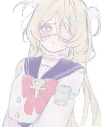  1girl ahoge blonde_hair blue_sailor_collar blush choker closed_mouth cropped_shirt eyepatch guru2 hair_between_eyes hair_ornament long_hair looking_at_viewer medical_eyepatch official_alternate_costume phoenix_reffaella phoenix_reffaella_(daydream_complex) pom_pom_(clothes) pom_pom_hair_ornament sailor_collar shirt simple_background solo white_background white_choker white_shirt yellow_eyes zenless_zone_zero 