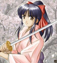  1990s_(style) 1girl bad_id black_hair bow brown_eyes cherry_blossoms closed_mouth commentary_request hair_bow hana_(hana_mo_arashi_mo) high_ponytail holding holding_sword holding_weapon japanese_clothes katana kimono long_hair looking_at_viewer photo_background pink_kimono ponytail red_bow retro_artstyle sakura_taisen sakura_taisen_iii shinguuji_sakura sidelocks smile solo sword upper_body weapon 