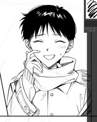  1boy closed_eyes coat commentary_request fingernails greyscale himo_(himodayoo) ikari_shinji light_blush male_focus monochrome neon_genesis_evangelion open_mouth scarf short_hair simple_background solo unfinished white_background 