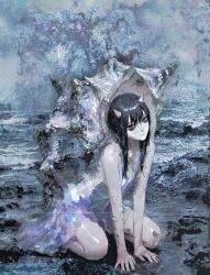 1girl bags_under_eyes black_eyes black_hair demon_horns dress grey_sky head_tilt highres hitboxsamurai horns kneeling long_hair looking_at_viewer original shell shore sky solo surreal white_dress 