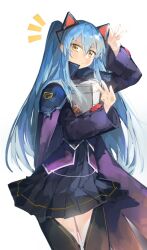  1girl animal_ear_hairband animal_ears ao_no_kiseki arm_up black_jacket black_pantyhose black_skirt blue_hair cape cat_ear_hairband cat_ears chest_guard closed_mouth clothing_cutout commentary cowboy_shot dot_mouth double-parted_bangs eiyuu_densetsu english_commentary fake_animal_ears floating_cape floating_hair hair_between_eyes hairband hand_up high-waist_skirt jacket keyv1q long_hair long_sidelocks long_sleeves looking_at_viewer making-of_available miniskirt notice_lines pantyhose petite pleated_skirt popped_collar purple_cape sidelocks simple_background skirt solo thigh_cutout tio_plato twintails v very_long_hair w white_background white_sleeves yellow_eyes zero_no_kiseki 