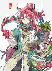  1boy absurdres ai_sike_lao_de arknights backpack_basket bag bamboo_steamer chinese_clothes closed_mouth colored_extremities curtained_hair dragon_bean_(arknights) dragon_boy dragon_horns eastern_dragon_horns food grey_background hand_on_own_hip highres holding holding_bamboo_steamer horns long_hair long_sleeves looking_at_viewer male_focus official_alternate_costume pointy_ears ponytail red_hair red_hands smile solo spring_onion steamed_bun vegetable wang_(arknights) yu_(arknights) yu_(clear_morning_view)_(arknights) 