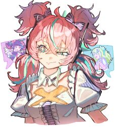  +_+ 3girls absurdres angels_of_delusion aria_(human)_(zenless_zone_zero) aria_(zenless_zone_zero) arm_warmers backpack bag black_hair black_sleeves blue_eyes bow breasts commentary_request detached_collar green_hair hair_between_eyes hair_bow halo highres multicolored_hair multiple_girls nangong_yu pink_arm_warmers pink_bag pink_hair quad_tails red_eyes reomenka spoken_character streaked_hair striped_arm_warmers sunna_(zenless_zone_zero) twintails white_wings wings zenless_zone_zero 