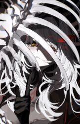 1girl absurdres black_background black_dress black_gloves breasts chromatic_aberration closed_mouth commentary_request dress elbow_gloves empty_eyes eyelashes flower-shaped_pupils genshin_impact gloves hair_between_eyes hand_up highres index_finger_raised large_breasts long_hair looking_at_viewer magnet_8_8 pale_skin ronova_(genshin_impact) sidelocks simple_background skeleton solo symbol-shaped_pupils upper_body very_long_hair wavy_hair white_hair yellow_eyes 
