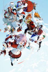  1boy 4girls absurdres acid_(t566cs7a) black_hair blue_eyes blue_hair blue_sky brown_hair cape christmas commentary dress falling fate/grand_order fate_(series) fou_(fate) fujimaru_ritsuka_(female) fujimaru_ritsuka_(male) fur-trimmed_dress fur-trimmed_headwear fur_trim gift glasses gloves hat highres holding holding_sack jacket leonardo_da_vinci_(fate) leonardo_da_vinci_(rider)_(fate) long_hair looking_at_viewer martha_(fate) martha_(santa)_(fate) mash_kyrielight medium_hair midair multiple_girls one_eye_closed open_mouth orange_eyes orange_hair outdoors pants pantyhose pink_hair ponytail sack santa_costume santa_dress santa_hat scarf shirt shoes short_hair skirt sky smile snow socks untranslatable_commentary violet_eyes 
