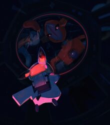  absurdres broken_glass chufflepop commentary dark deoxys english_commentary glass helmet highres looking_at_another no_humans pikachu pokemon pokemon_(creature) pokemon_focus space_helmet spacesuit 