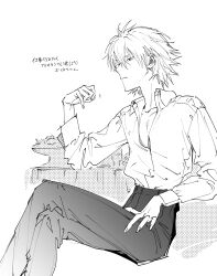  1boy absurdres closed_mouth commentary_request dress_shirt from_side greyscale hair_between_eyes highres himo_(himodayoo) invisible_chair male_focus monochrome nagisa_kaworu neon_genesis_evangelion partially_open_shirt shirt short_hair simple_background sitting solo suit_pants translation_request white_background 