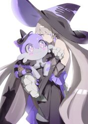  1girl :3 absurdres animal_ears animal_focus animal_nose animalization asymmetrical_footwear back_bow bare_shoulders black_boots black_dress black_hat black_sleeves blunt_bangs blush boots bow bright_pupils brown_pantyhose cat_tail chimera_(honkai:_star_rail) claws closed_mouth commentary_request creature detached_sleeves dress feet_out_of_frame frilled_dress frilled_sleeves frills grey_hair hair_between_eyes hair_ornament hair_ribbon hat herta_(honkai:_star_rail) highres honkai:_star_rail honkai_(series) hug keyhole long_hair long_sleeves looking_at_viewer mini_hat n_nqru_2525 otter_ears pantyhose person_and_animalization pink_eyes purple_bow purple_fur purple_ribbon ribbon sidelocks simple_background sitting sleeveless sleeveless_dress smile tail the_herta_(honkai:_star_rail) two-tone_fur very_long_hair violet_eyes white_background white_fur white_pupils wide_sleeves witch_hat x_hair_ornament 