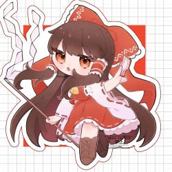  1girl absurdres alternate_hair_length_(longer) ascot between_fingers boots bow brown_boots brown_eyes brown_hair chibi chibi_only commentary_request detached_sleeves frilled_bow frilled_hair_tubes frilled_skirt frills full_body gohei grid_background hair_bow hair_tubes hakurei_reimu highres holding holding_gohei holding_ofuda lace-up_boots long_hair looking_at_viewer ofuda ofuda_between_fingers open_mouth outline red_bow red_skirt ribbon-trimmed_skirt ribbon-trimmed_sleeves ribbon_trim skirt skirt_set solo touhou uzuki_(amayadori) very_long_hair watermark white_outline yellow_ascot 