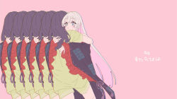  2girls blue_eyes cho_kaguya-hime! commentary_request crying crying_with_eyes_open frilled_sleeves frills green_shorts hug japanese_clothes kimono kyu-kurarin_(cevio) long_hair multiple_girls off_shoulder pink_background pink_hair purple_hair purple_kimono recurring_image runami_yachiyo runami_yachiyo_(tsukuyomi) sakayori_iroha short_sleeves shorts simple_background tears translation_request white_hair yofuke/yofu yuri 