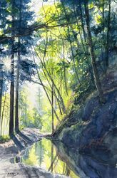 artist_name california commentary day english_commentary forest gouache_(medium) highres kate_avery light_rays nature no_humans original outdoors painting_(medium) reflection reflective_liquid scenery signature sunbeam sunlight traditional_media tree 