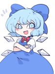  1girl blue_bow blue_dress blue_eyes blue_hair blush_stickers bow cirno collared_shirt crossed_arms detached_wings dress fairy fried_rice0614 hair_bow highres ice ice_wings one-hour_drawing_challenge open_mouth puffy_short_sleeves puffy_sleeves shirt short_hair short_sleeves simple_background smile solo touhou white_background white_shirt wings 