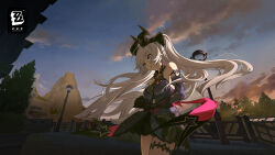  1girl absurdres bare_shoulders black_horns blue_dress blue_eyes copyright_logo copyright_name crossed_bangs detached_sleeves dress english_text grey_hair hair_between_eyes heterochromia highres horns lindverne_sunbringer logo long_hair mechanical_horns official_art official_wallpaper open_mouth outdoors solo very_long_hair yellow_eyes zenless_zone_zero 