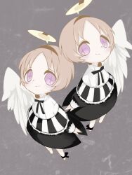  2girls angel closed_mouth commentary_request feathered_wings grey_background grey_hair halo magical_girl mahou_shoujo_ikusei_keikaku mahou_shoujo_ikusei_keikaku_unmarked minael multiple_girls neck_ribbon ocnccncn ribbon short_hair single_wing smile violet_eyes white_wings wings yunael 