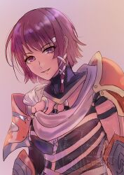  1girl absurdres armor black_armor cape commentary_request fire_emblem fire_emblem:_fortune's_weave hairband highres lilian_tabitha orange_armor purple_hair short_hair shoulder_armor simple_background single_bare_shoulder tan upper_body violet_eyes white_cape white_hairband yukiyana 