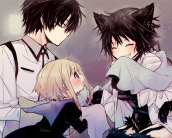  1boy 2girls :o animal_ears animal_hands ati_(sekien_no_inganock) black_dress black_hair black_leotard blonde_hair blue_eyes blush cat_ears cat_girl cat_tail child closed_eyes collared_shirt commentary_request dress drying expressionless from_side fur-trimmed_thighhighs fur_trim garter_belt gii_(sekien_no_inganock) glasses grin holding holding_towel juliet_sleeves kia_(sekien_no_inganock) laughing leotard long_sidelocks long_sleeves looking_at_another messy_hair multiple_girls puffy_sleeves running sekien_no_inganock shirt short_hair sidelocks simple_background sitting smile spoken_sweatdrop steampunk_(liarsoft) sweatdrop tail thigh-highs towel towel_around_neck towel_on_arm tsuyuka_(sunny_spot) upper_body violet_eyes wet wet_clothes wet_hair worried 