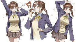  !? 1girl :d arm_up blush brown_eyes brown_hair brown_skirt closed_mouth collared_shirt commentary_request cowboy_shot cropped_torso double_bun doughnut fingernails food hair_bun hands_up highres holding holding_donut holding_food idolmaster idolmaster_shiny_colors jacket light_smile long_hair long_sleeves looking_at_viewer lunifish multiple_views neck_ribbon open_clothes open_jacket open_mouth purple_jacket ribbon shirt shirt_under_sweater simple_background skirt small_sweatdrop smile sonoda_chiyoko sweater v v_over_head white_background white_shirt yellow_ribbon yellow_sweater 