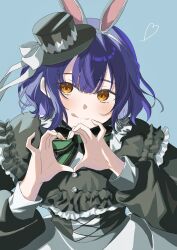  1girl :q animal_ear_hairband animal_ears aqua_background blush bow commentary dress fake_animal_ears frilled_dress frills hair_between_eyes hairband hat hat_bow heart heart_hands highres looking_at_viewer medium_hair mini_hat mini_top_hat nanase_suzuna nijisanji official_alternate_costume orange_eyes purple_hair rabbit_ear_hairband rabbit_ears simple_background solo sun_kakusui tongue tongue_out top_hat untranslatable_commentary virtual_youtuber 