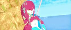  1girl 3d 3d_background ari122526_(artist) arm_fins bad_source blue_gem body_fins bracelet champion's_tunic_(zelda) collar fins fish fish_girl focus game_asset gem hair_ornament head_fins head_tail holding holding_polearm holding_weapon jewelry lightscale_trident_(zelda) looking_at_viewer mipha monster_girl polearm shoulder_fins solo solo_focus tail the_legend_of_zelda the_legend_of_zelda:_breath_of_the_wild trident weapon yellow_eyes zora 